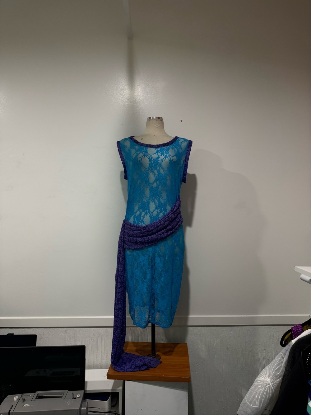 Sheer Lace Sleeveless Dress with Draped Sash - Blue & Purple